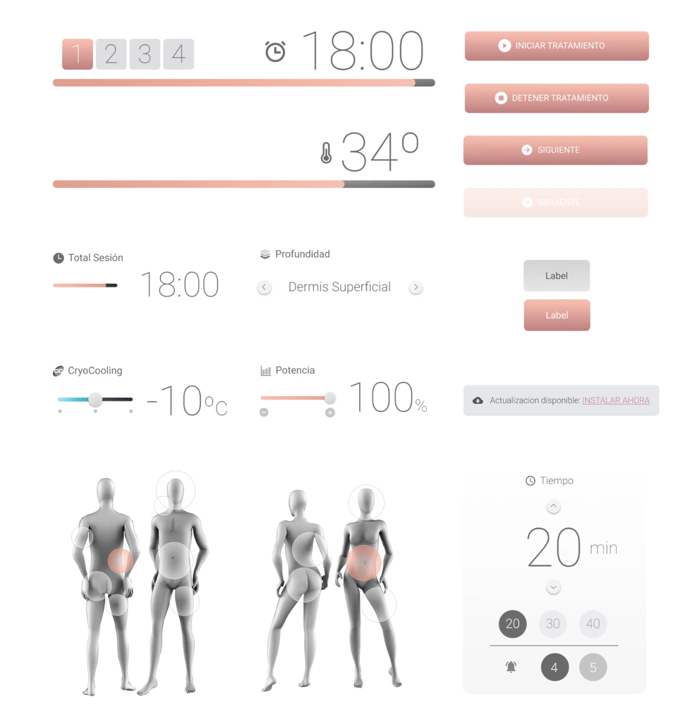 Componentes del design system: temporizador, temperatura, profundidad, potencia, botones y diagramas corporales
