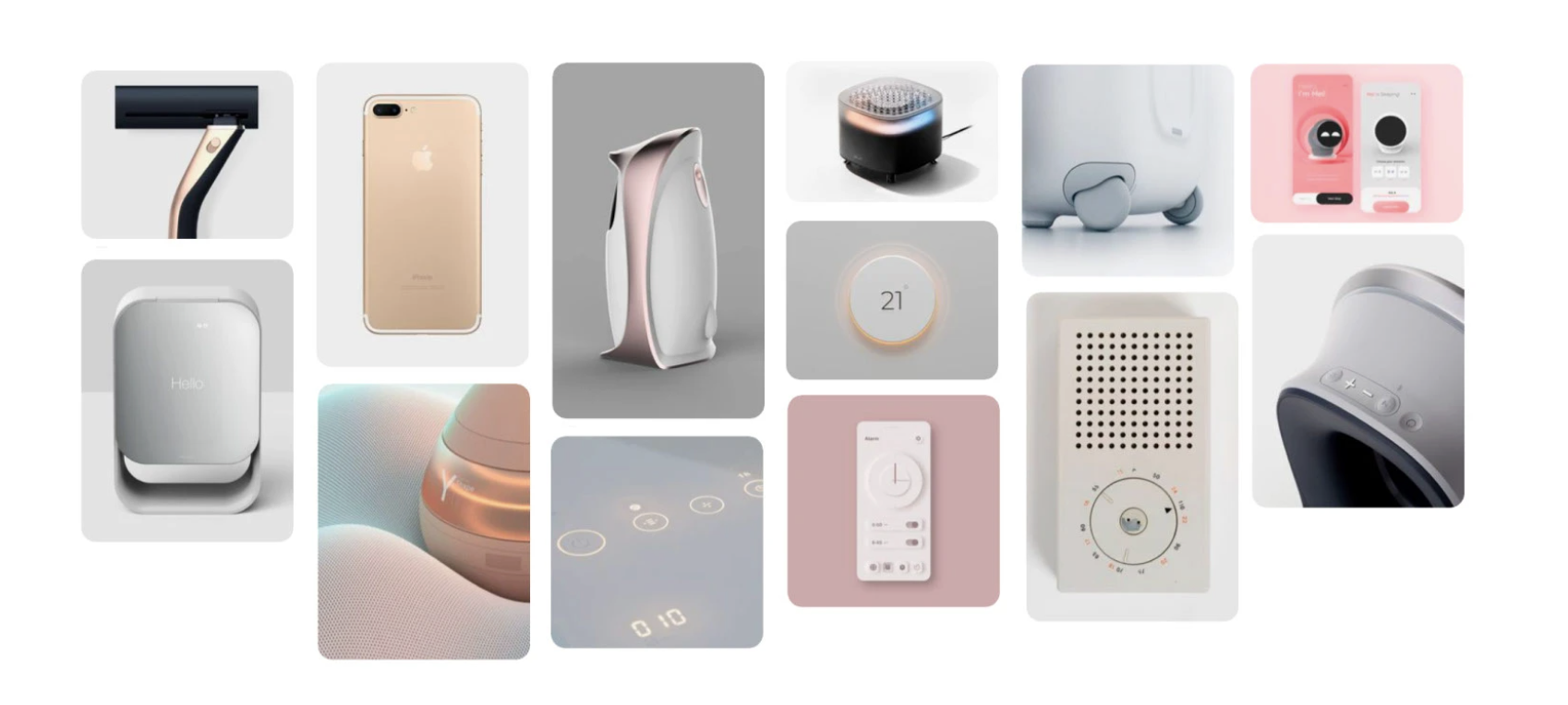 Moodboard de referencias de tecnología de consumo: parlantes, termostatos y dispositivos personales