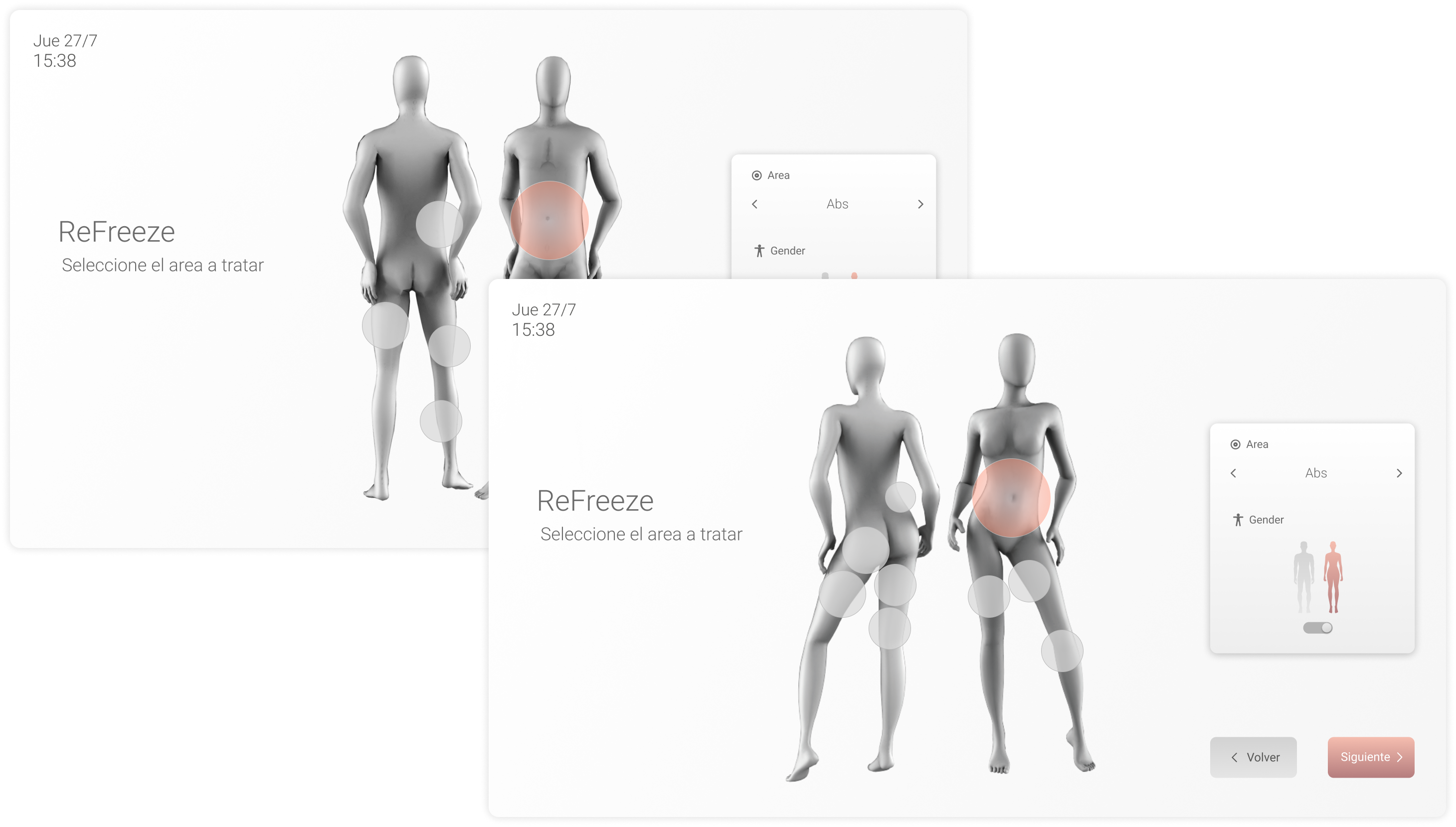 Selección de zona a tratar con diagramas corporales frontal y posterior, masculino y femenino