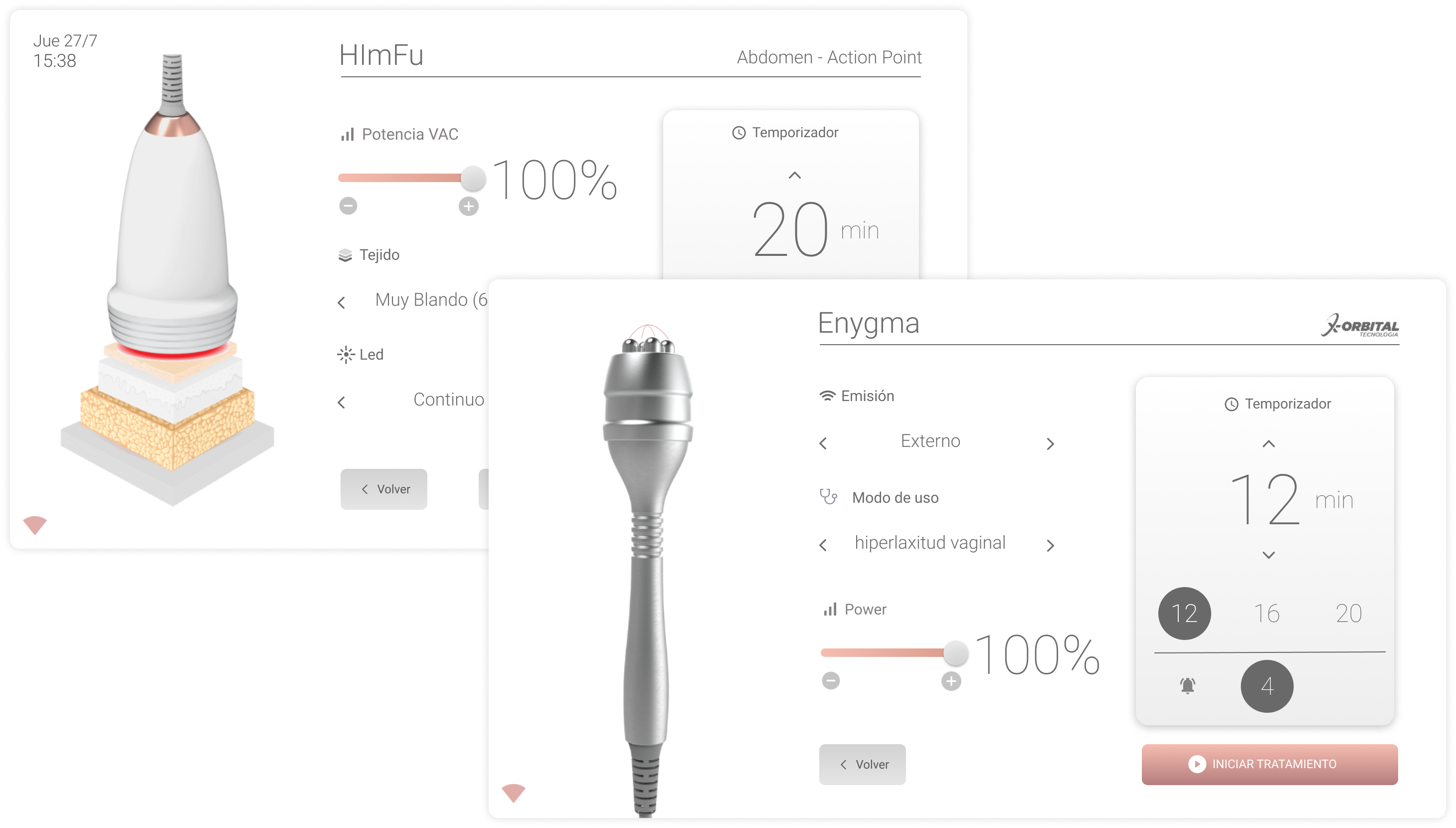Pantallas de configuración de HImFU y Enygma: potencia VAC, tejido, led, modo de uso y temporizador