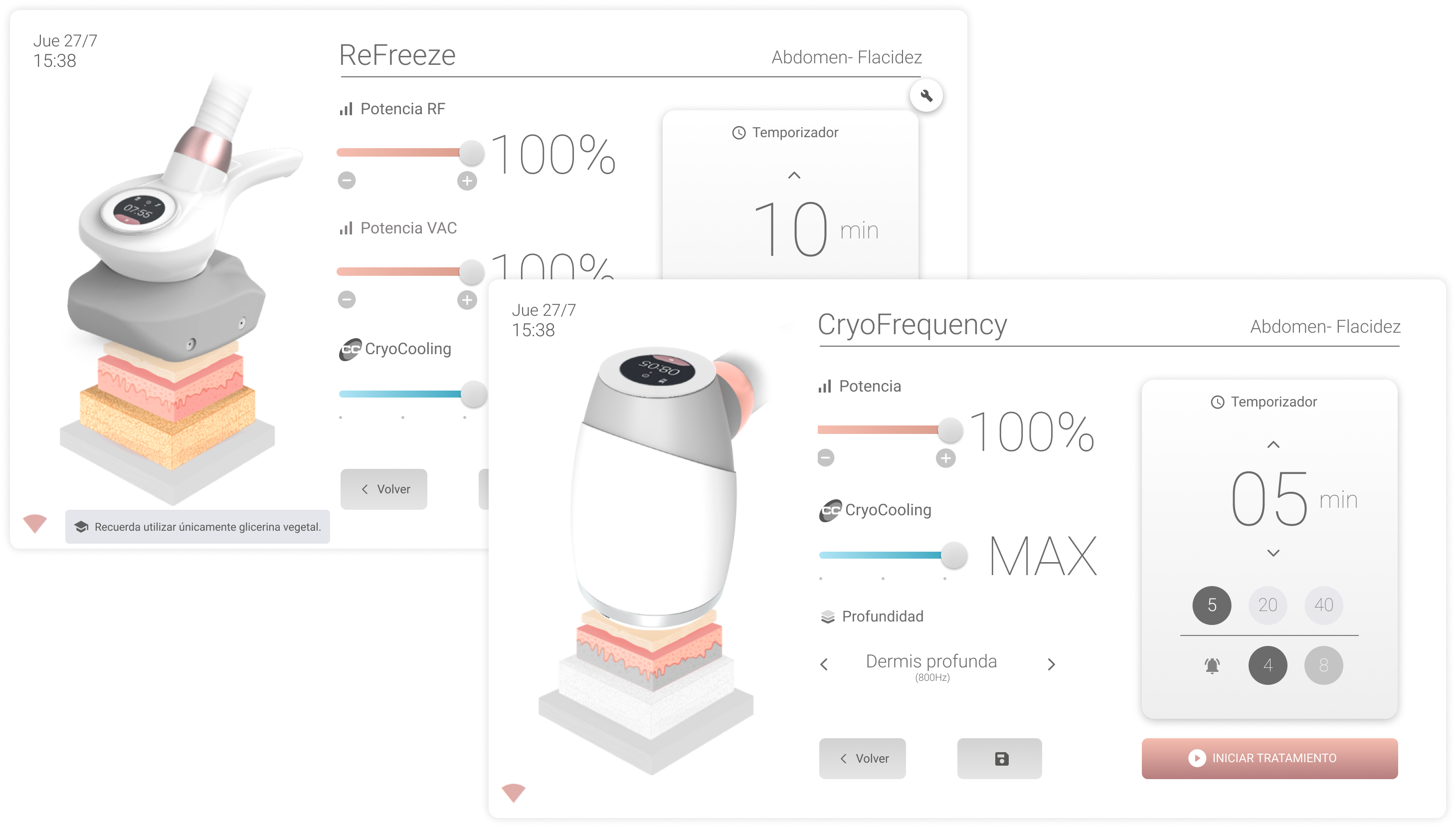 Pantallas de configuración de ReFreeze y CryoFrequency: potencia, CryoCooling, profundidad y temporizador