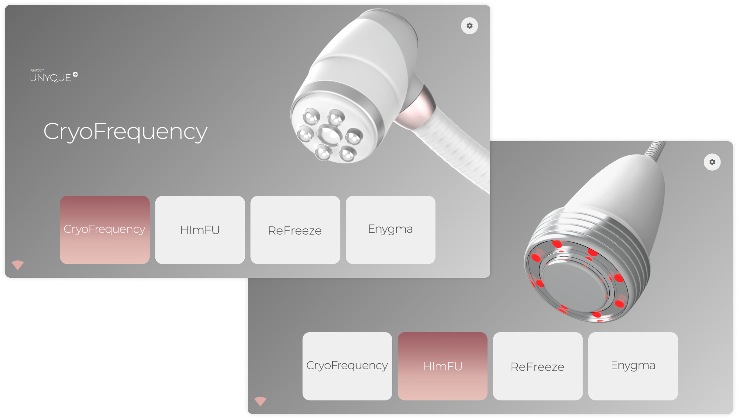 Pantalla principal del sistema Unyque con las cuatro terapias: CryoFrequency, HImFU, ReFreeze y Enygma