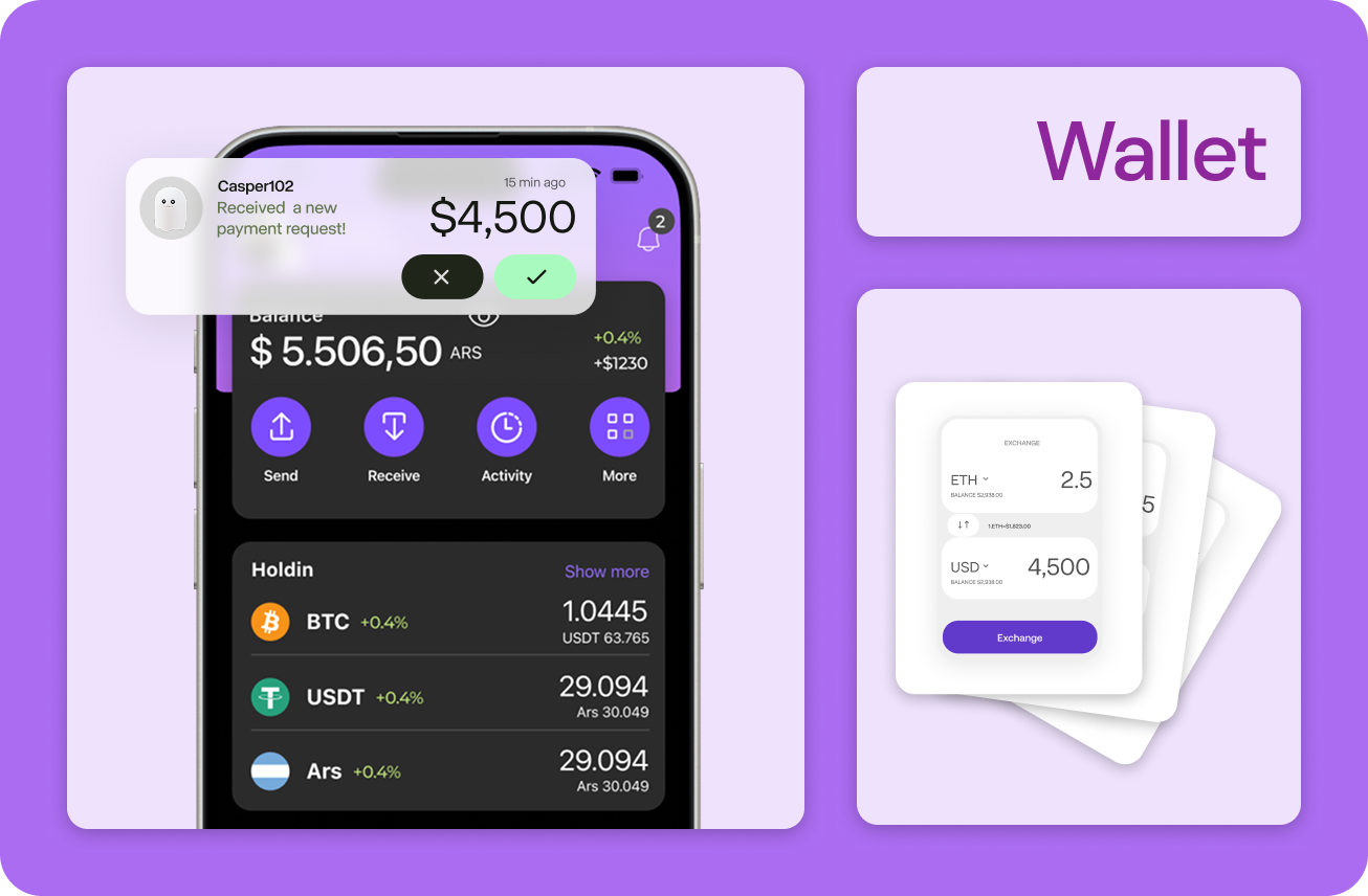 Pantalla de wallet con balance y holdings