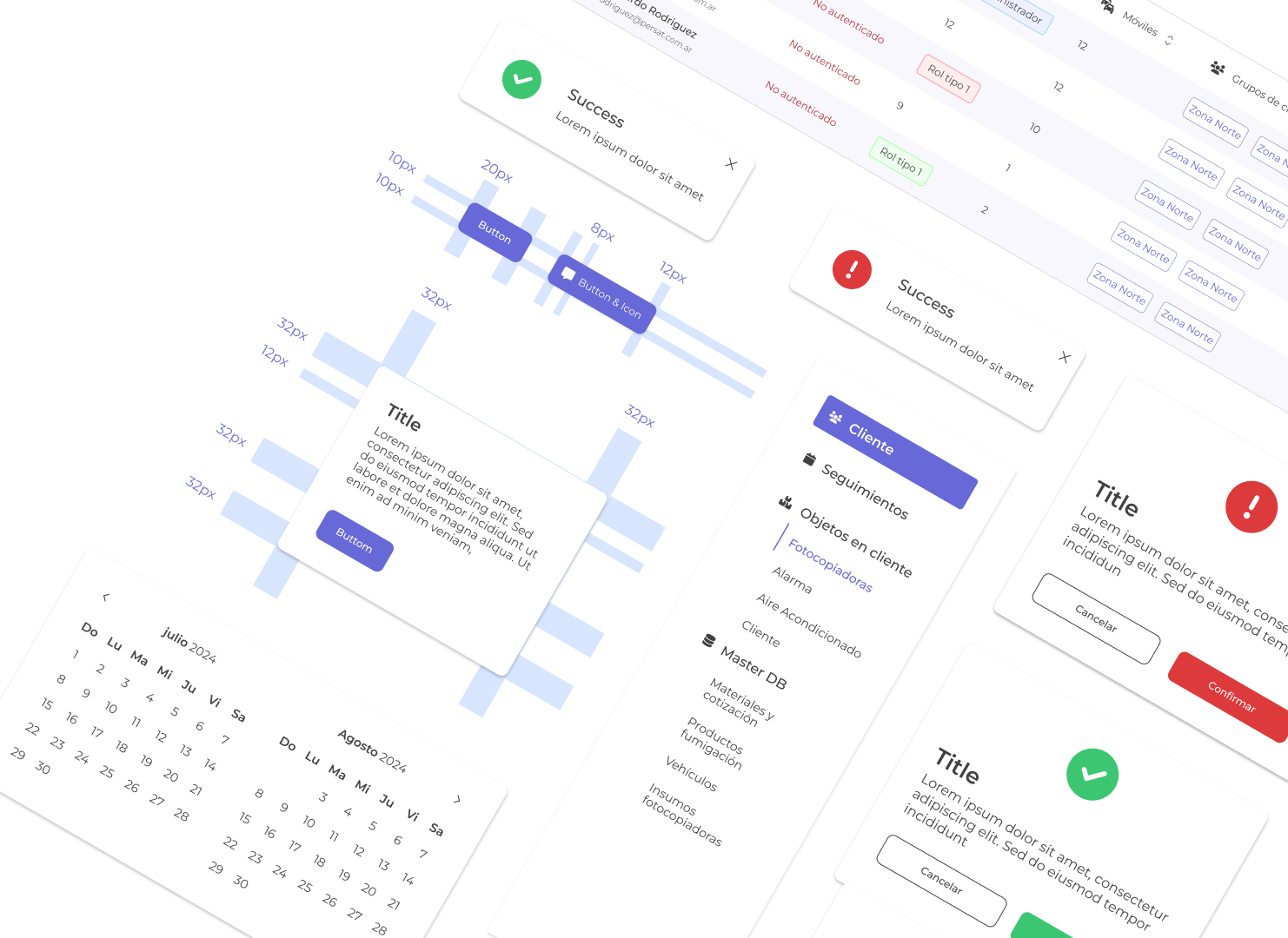 Wireframes y componentes del design system de Persat