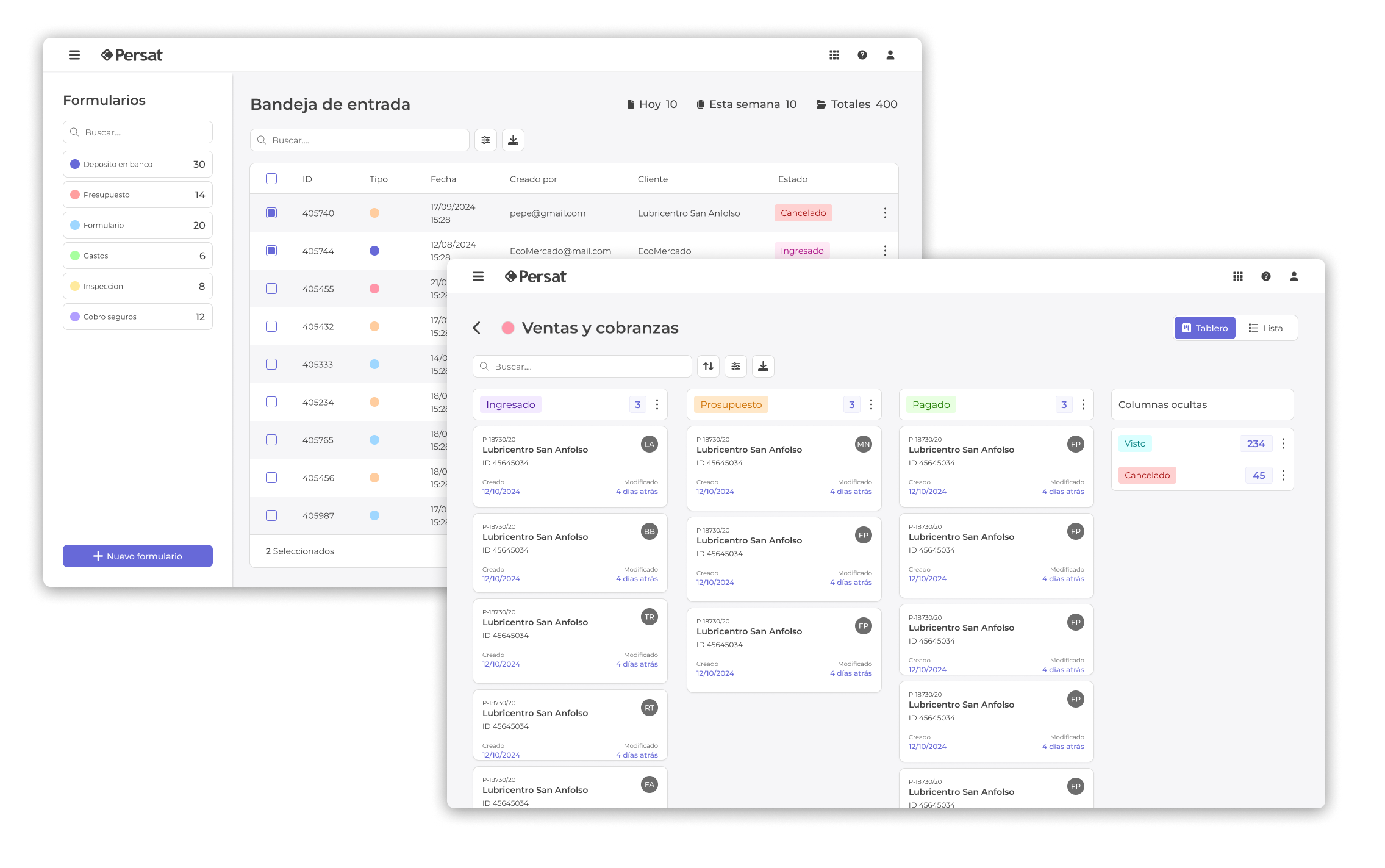 Bandeja de entrada y tablero kanban de Persat